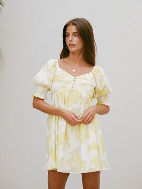 SABO Birdie Dress Solstice Floral Yellow Puff Sleeve Mini 100% Cotton Lined M